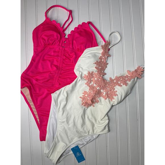 NWT Cupshe One-Piece Swimsuit Coconut Milk Lace-Up & Pink Scalloped Bundle Sz S - Picture 2 of 7